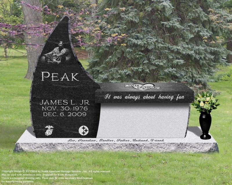 Peak Bench Monument with Pittsburgh Steelers Carving and Etching on Black Granite