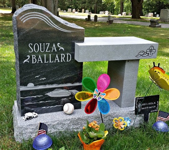 Souza Ballard Bench Memorial with Boat Etching on Black Variegated Granite