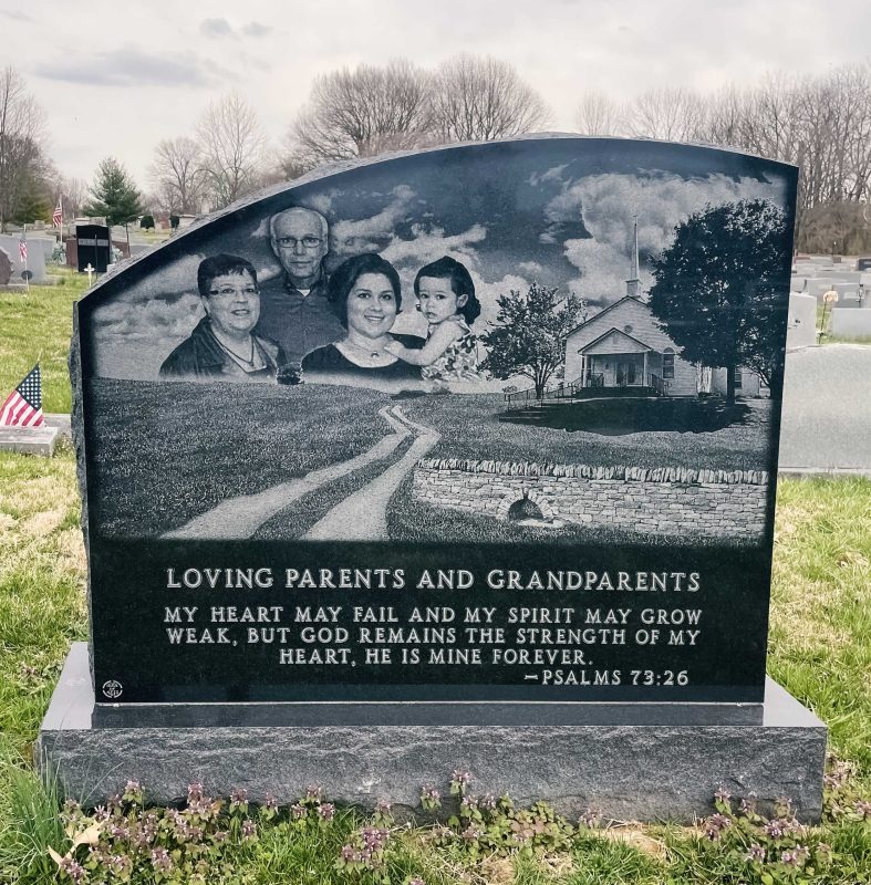 Soper Back of Headstone with Etching of Family and Church