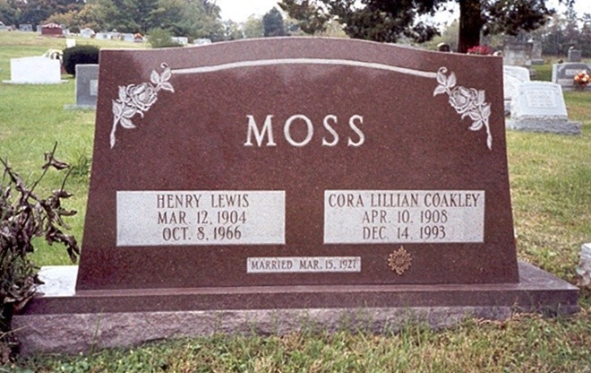 Moss Headstone Red Granite with Double Roses