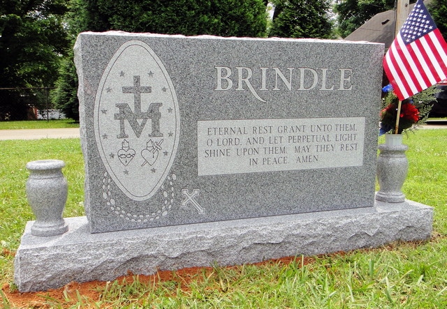 Brindle Sacred Heart Carving with Two Gray Granite Vases